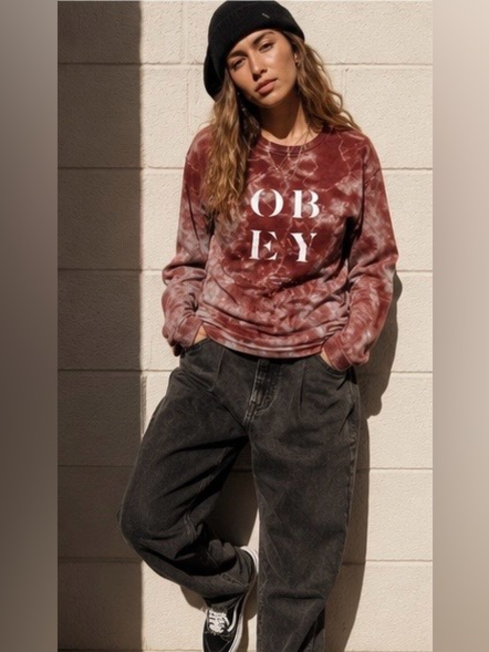 OBEY Worldwide Tie Dye Long Sleeve Graphic Tee Burgundy Maroon Size Small